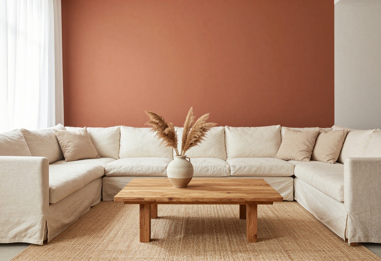 Modern earthy boho living room with terracotta accent wall, cream sofa, and natural textures