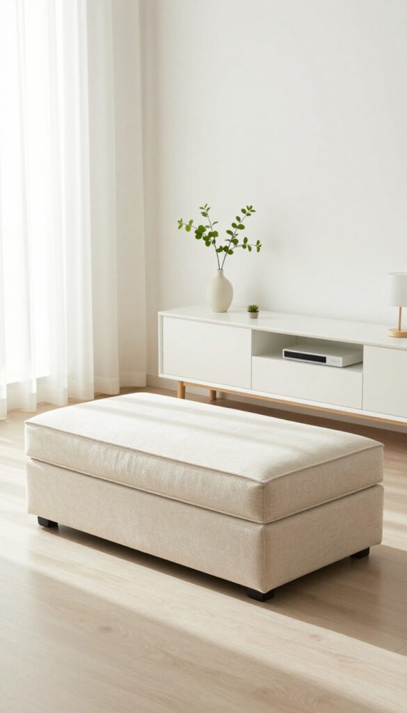Living room with hidden storage solutions, showing a storage ottoman and clean surfaces.