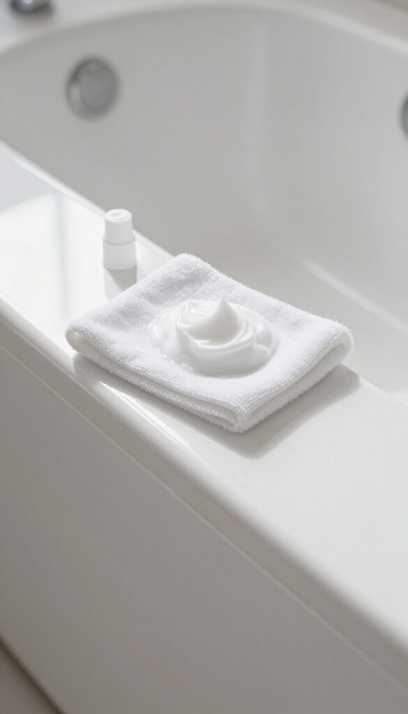 Shaving cream foam and microfiber cloth polishing a bathtub for a glossy shine