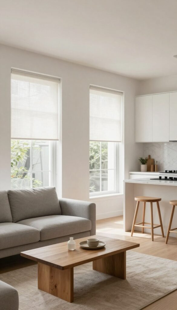 Open-concept living room and kitchen with matching white linen blinds, light gray sofa, and white kitchen cabinets