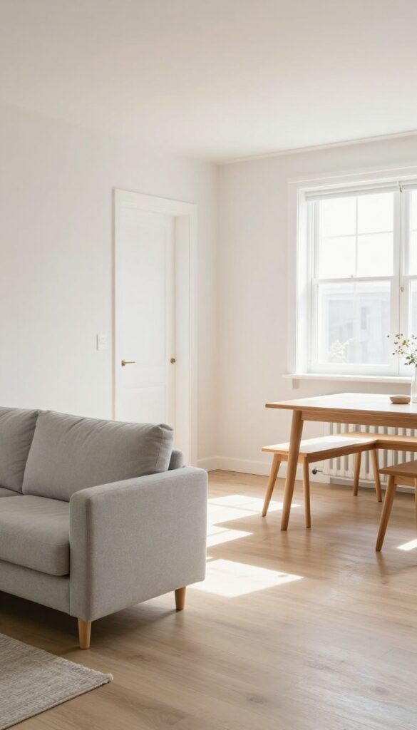 Small living dining room with clear traffic path, sofa against wall, slim dining table with bench, console table near entry, bright natural light.