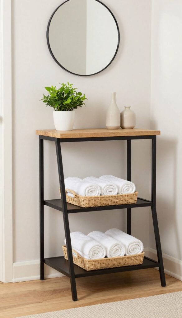 Corner vanity with ladder shelf in a bright living room, towels and plants on shelves, round mirror above
