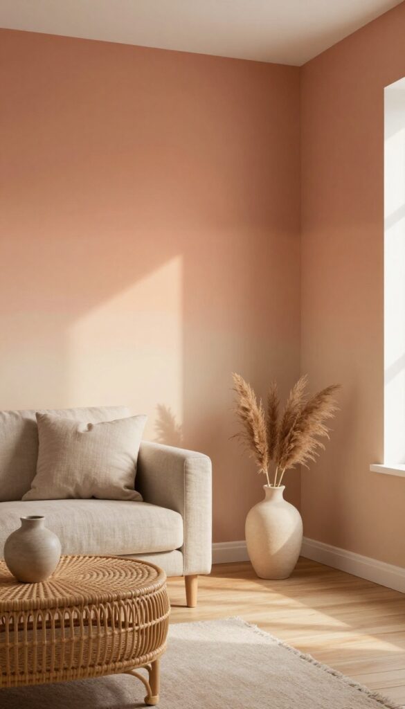 Warm ombré accent wall in living room with neutral furniture and natural light