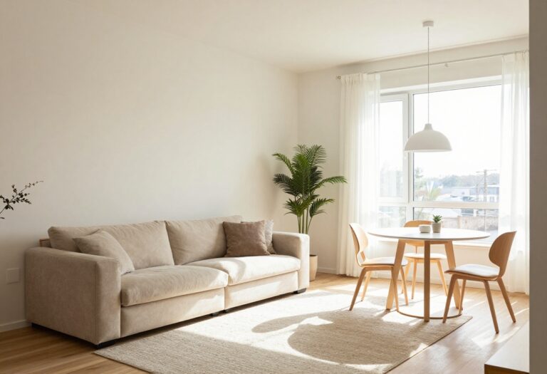 Small living room with dining area balance featuring a round table near a window and a cozy sofa