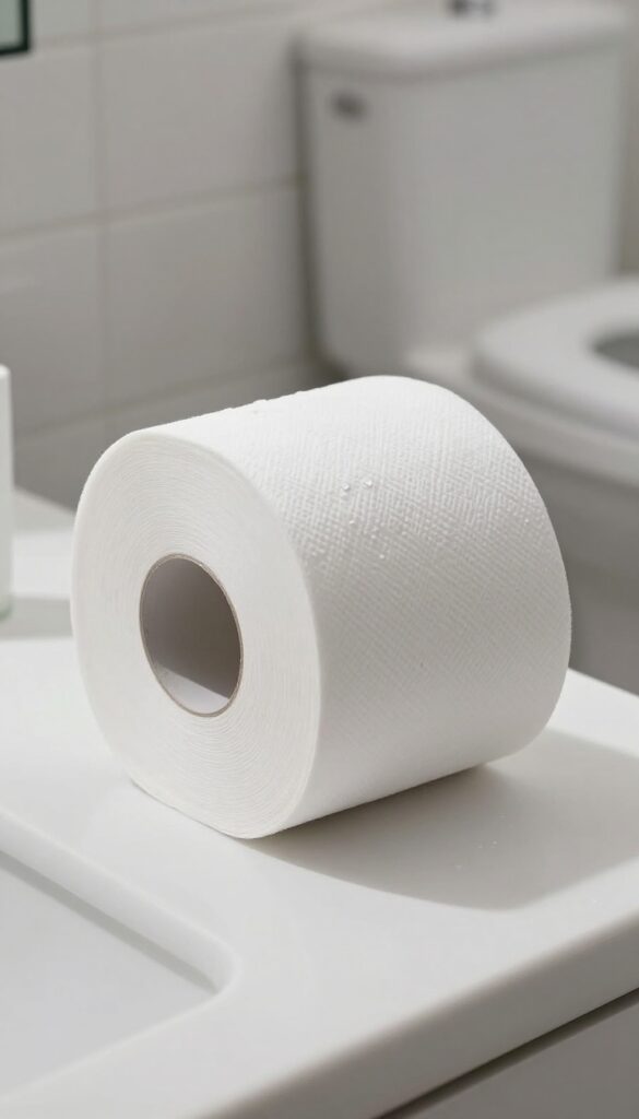 Toilet paper roll with essential oil drops on cardboard tube in clean bathroom