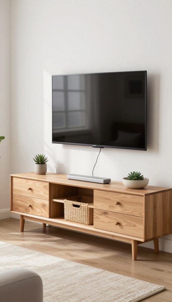 Low-profile media console with pull-out drawers and woven basket, TV mounted above, clean Scandinavian living room with natural light.