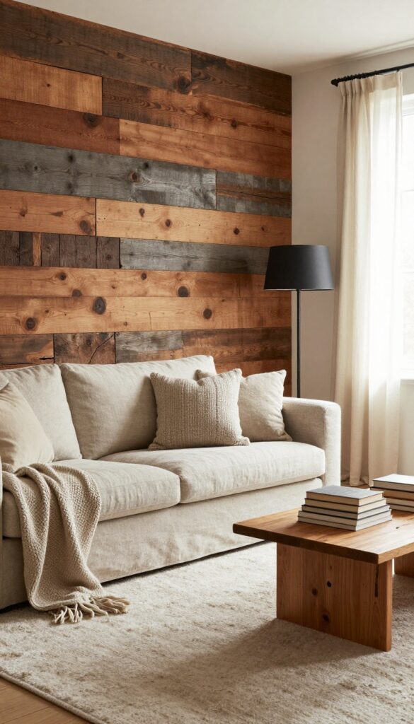 Rustic living room with reclaimed wood accent wall, neutral sofa, and cozy textiles