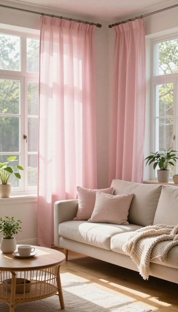 Living room with blush pink sheer curtains filtering sunlight, creating a warm, dreamy glow over neutral furniture and plants.