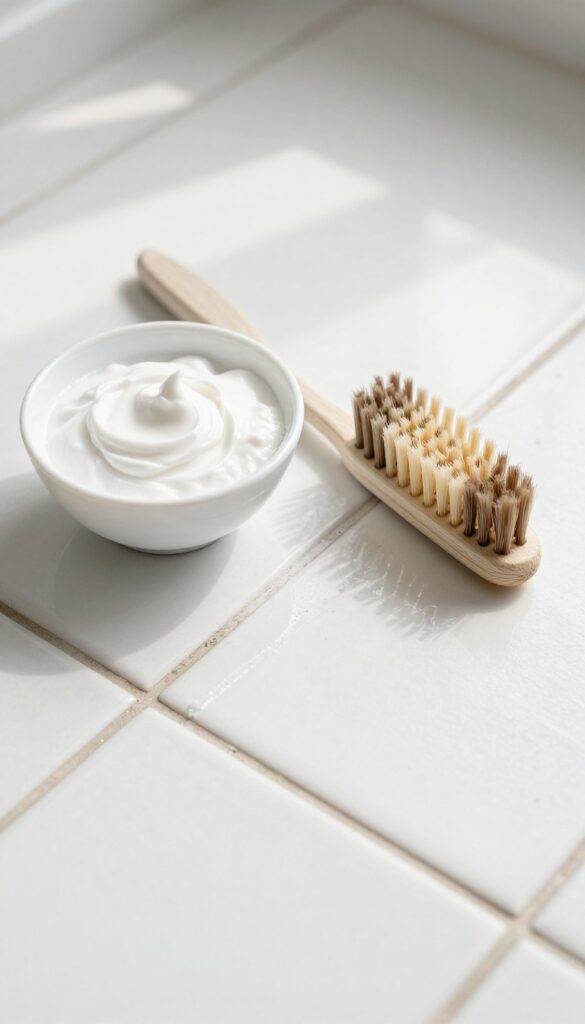 Close-up of tile floor with baking soda and vinegar paste and toothbrush for grout cleaning