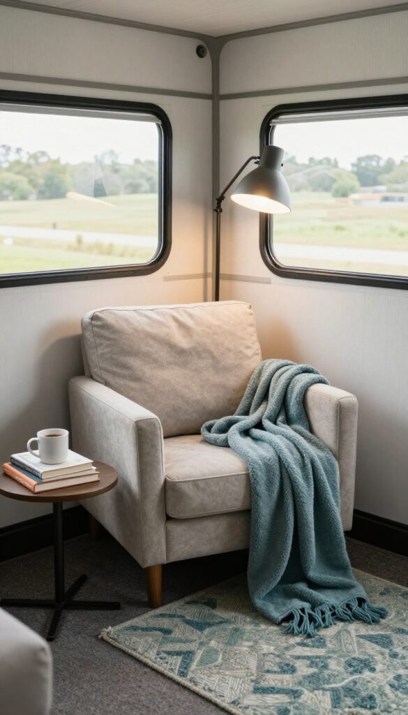 Cozy corner reading nook in a small living room with armchair, lamp, and books.