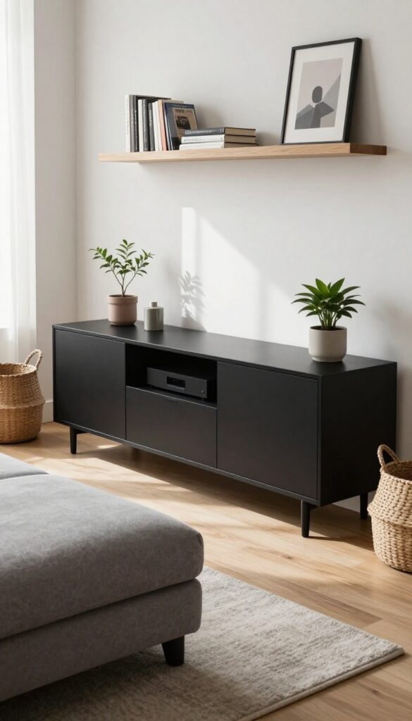 Sleek living room with hidden storage ottoman, floating shelves, and matte black media console