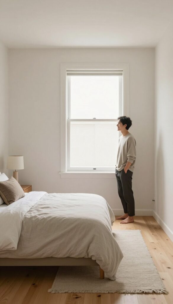 Person standing at bedroom doorway admiring the clean, organized room with natural light