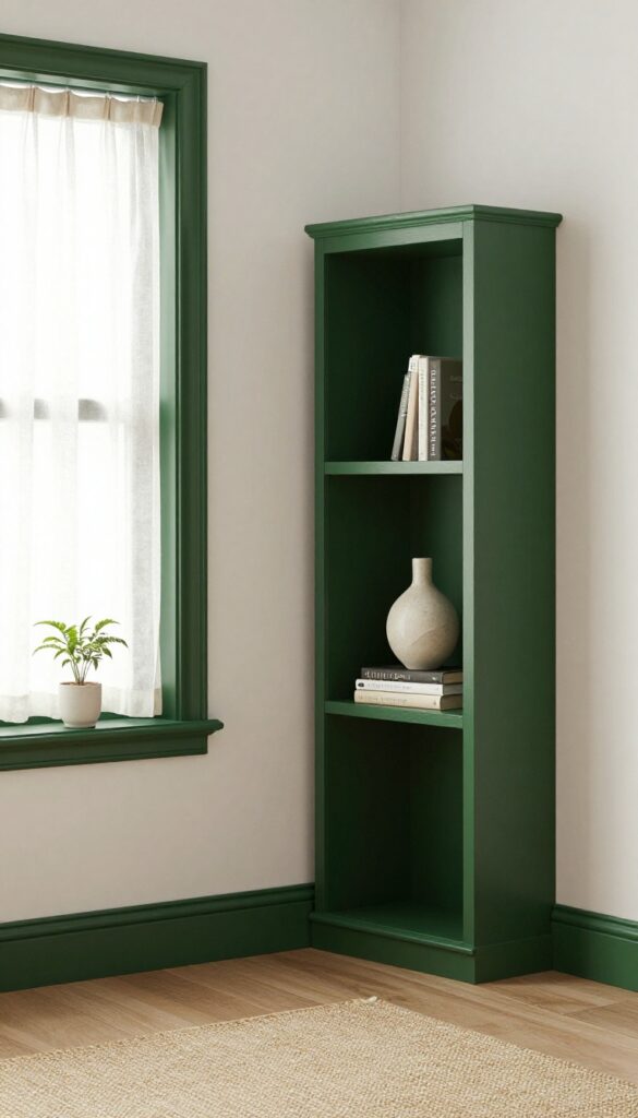 Forest green painted window trim and bookshelf back in a bright living room with natural textures.