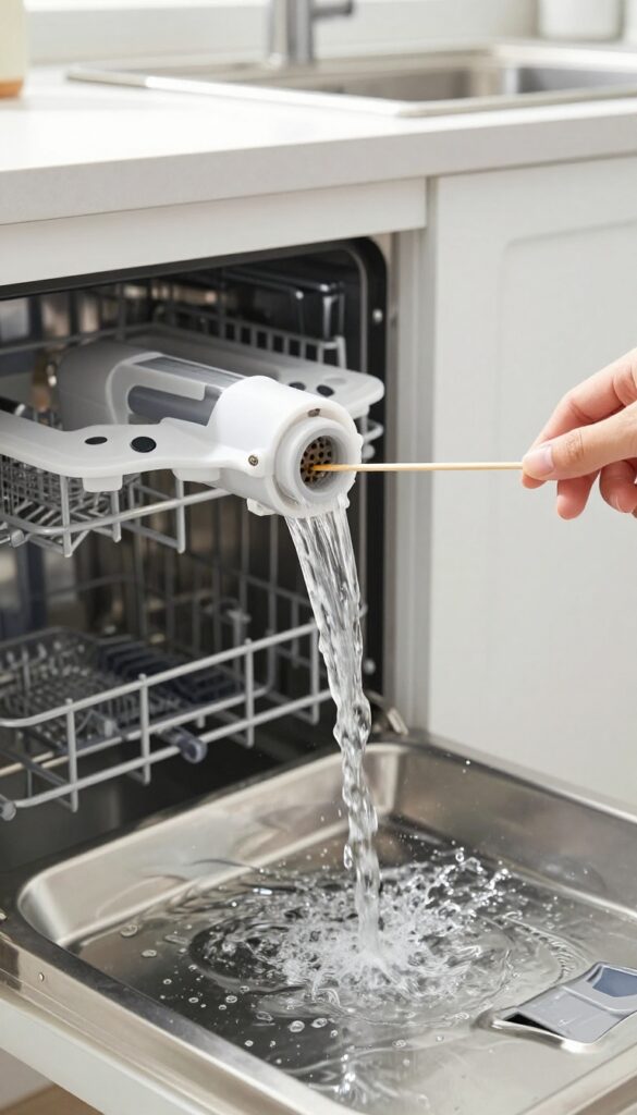 Close-up of a dishwasher spray arm being cleaned under running water with a toothpick