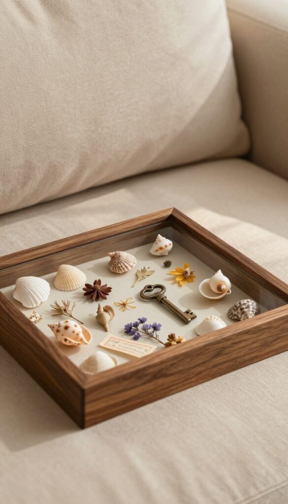 Shadow box with found objects on living room wall