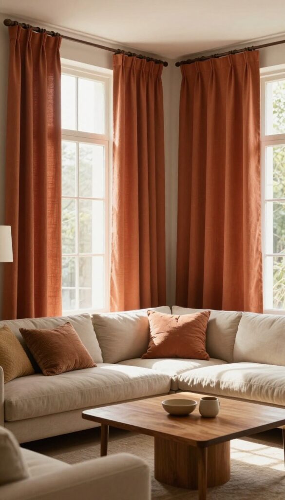 Living room with curtains hung higher and wider to make the room feel more spacious, featuring warm terracotta linen drapes and cozy decor.