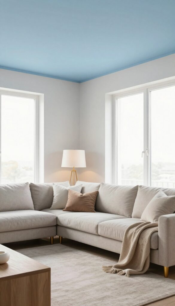 Living room with blue painted ceiling, white walls, warm wood and brass accents, and cozy neutral furniture.
