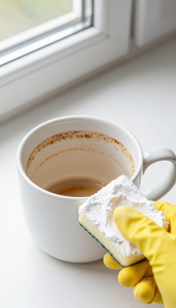 Hand scrubbing a coffee mug stain with baking soda paste on a sponge