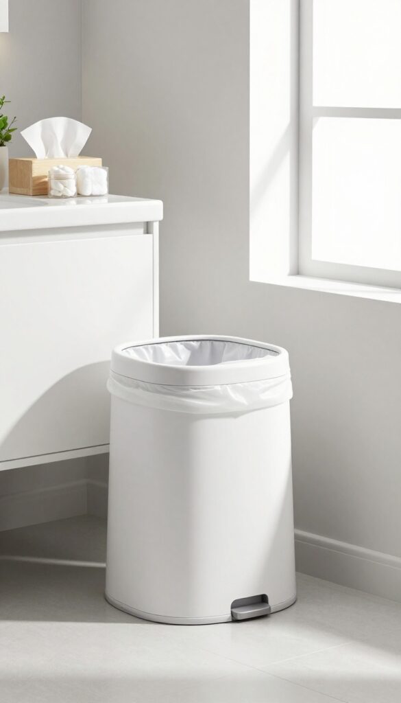 Clean bathroom with small white trash can and fresh bag, bright natural light