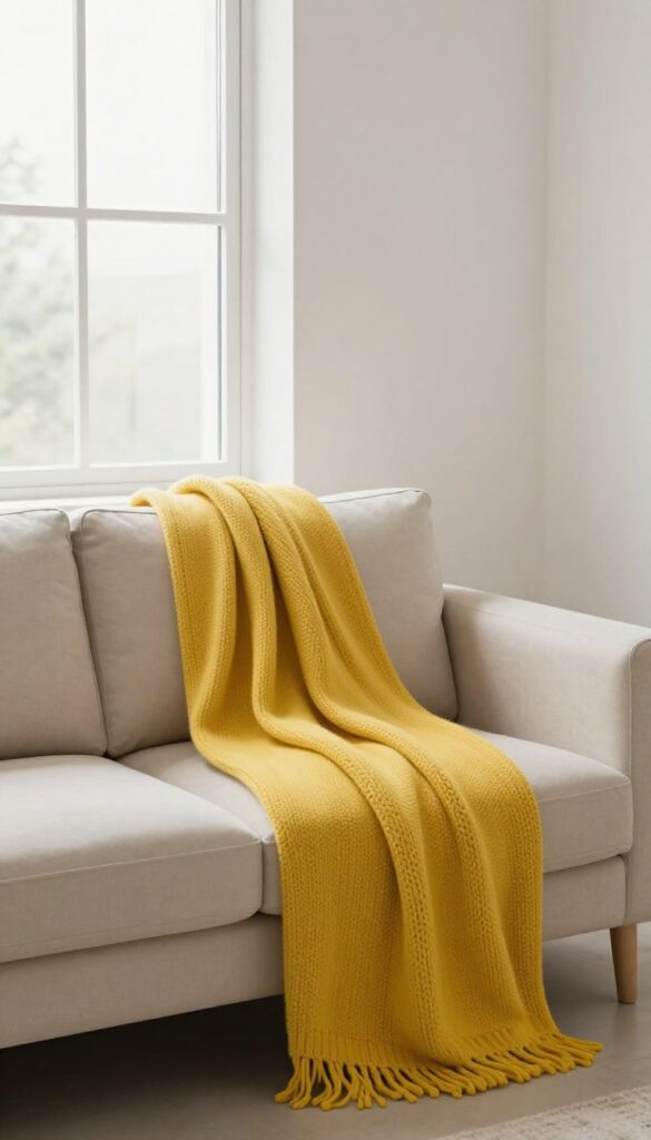 Neutral sofa with a single bold mustard yellow throw blanket draped casually over the corner, bright natural light, clean minimalist living room.