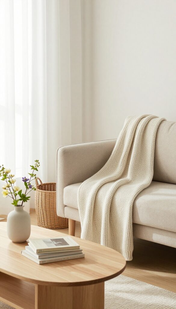 Minimalist living room with seasonal decor swap: fresh flowers, knit throw, and storage basket.