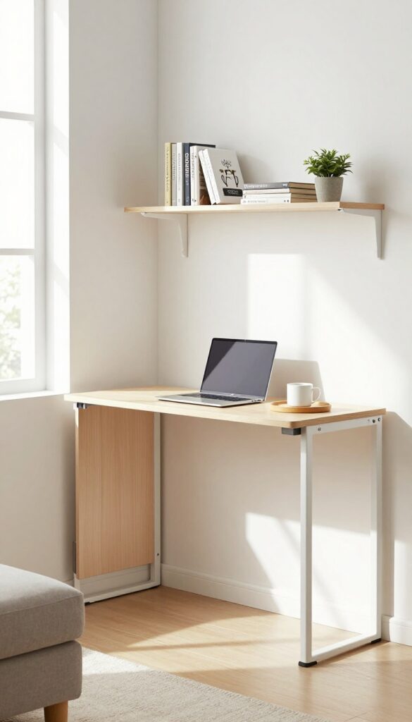 Small living room with a fold-down desk workspace, laptop and plant on shelf, natural light, cozy decor