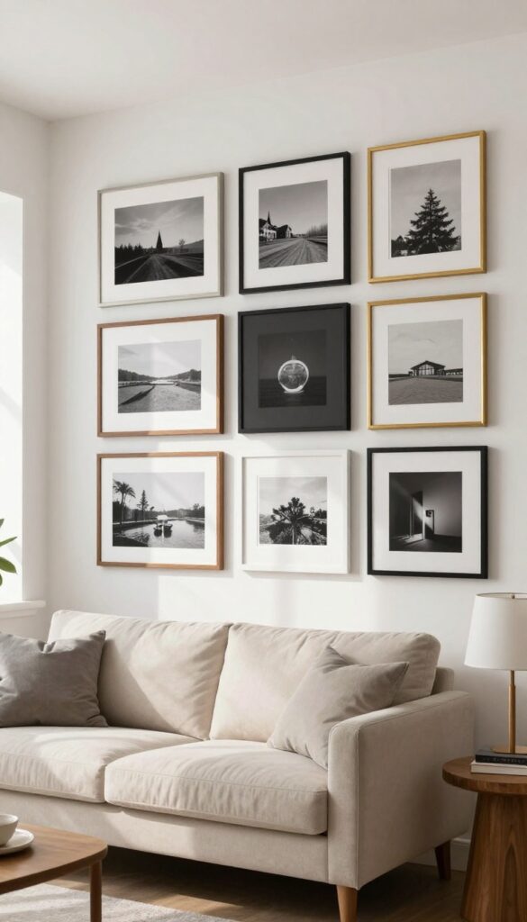 Eclectic gallery wall with mixed frame finishes in a cozy living room