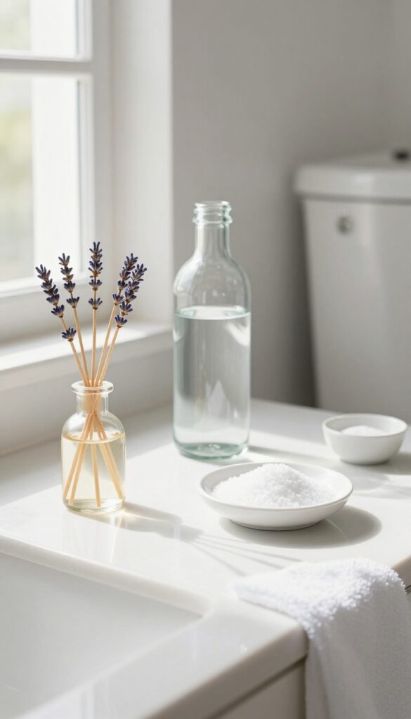 Bright bathroom with open window, reed diffuser, and fresh towels