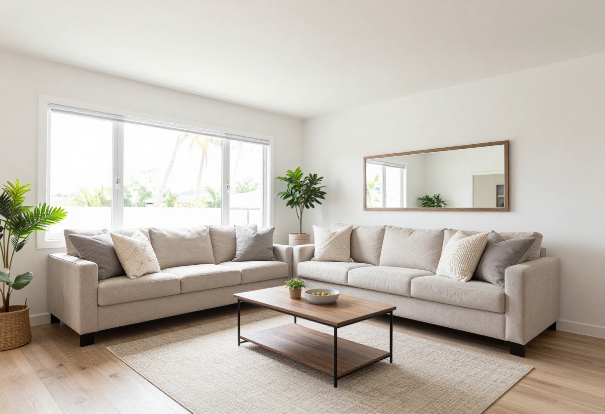 Cozy trailer living room with light walls, floating sofa, mirror, and layered rug