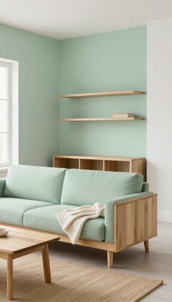 Small living room with muted mint green accent wall, white walls, light oak furniture, and cozy textures.