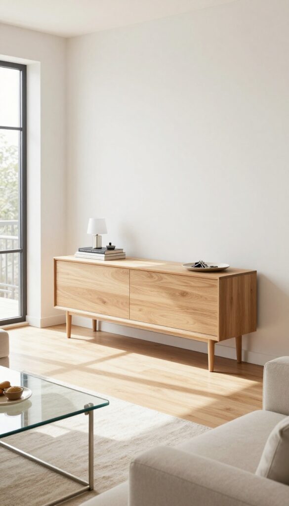 A bright, airy small living and dining room with a slim multi-functional console table styled with a tray, lamp, books, and serving platter.
