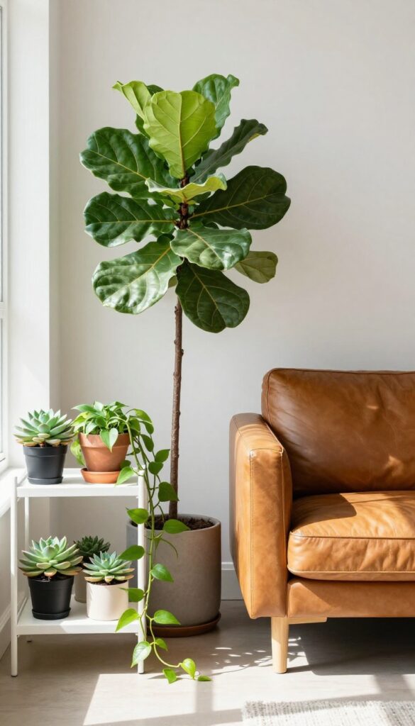 Small living room with cognac leather couch and greenery, featuring a tall fiddle-leaf fig, trailing pothos, and succulents in simple pots, bright natural light.