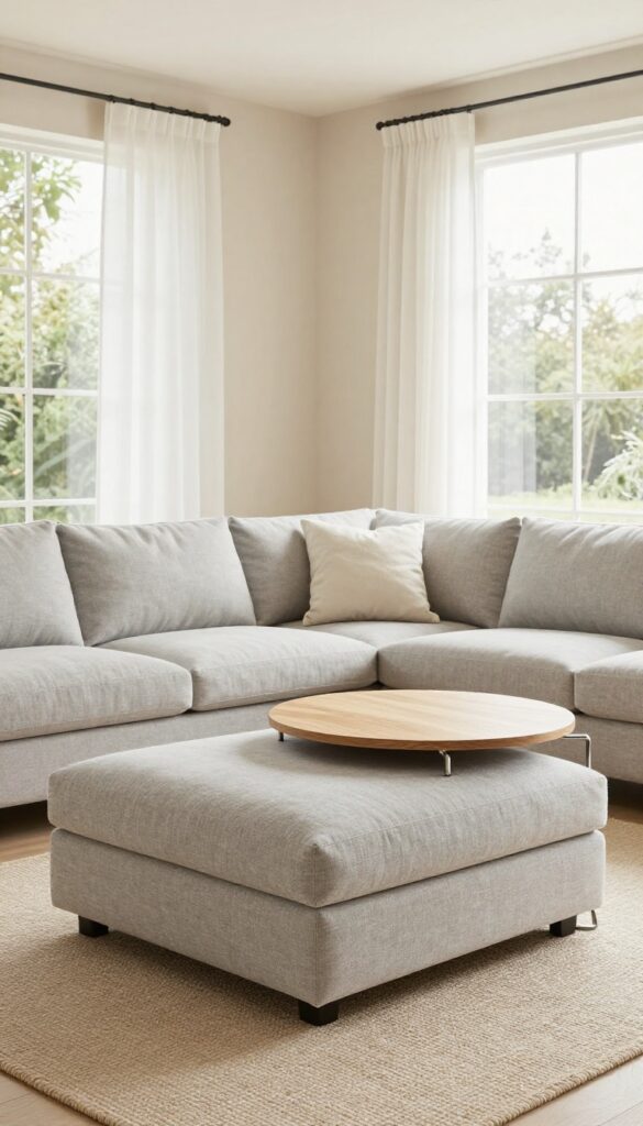 Modern single wide living room with multifunctional furniture like a storage ottoman and nesting tables, bright natural light, clean and open feel.