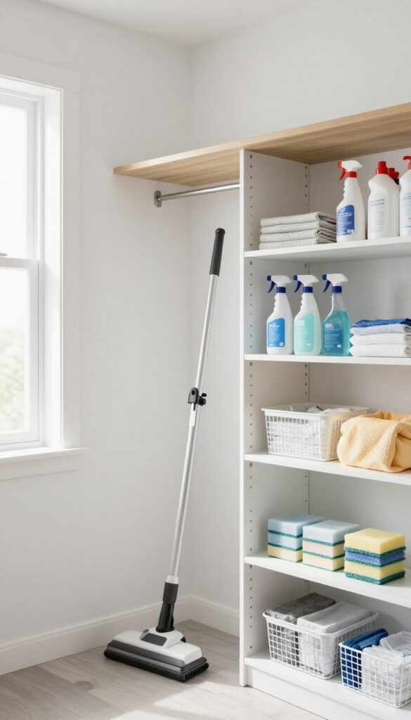 Adjustable shelving in a cleaning supply closet with organized bottles and mops