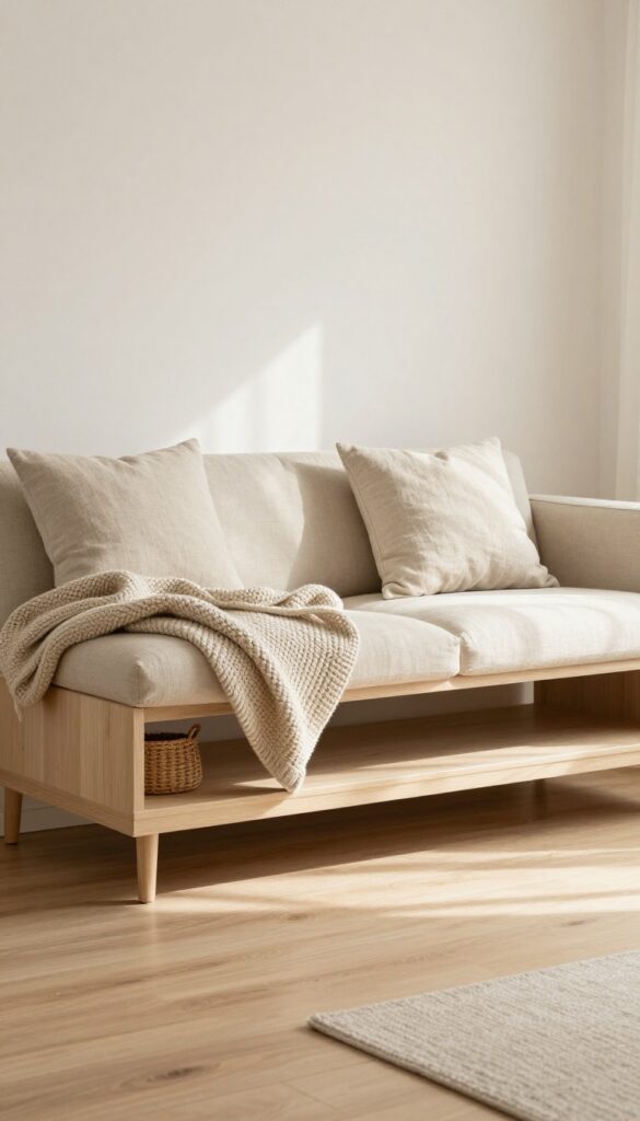 Small living room with light beige sectional on slim legs, open base, cozy throw pillows, and basket underneath, bright natural light