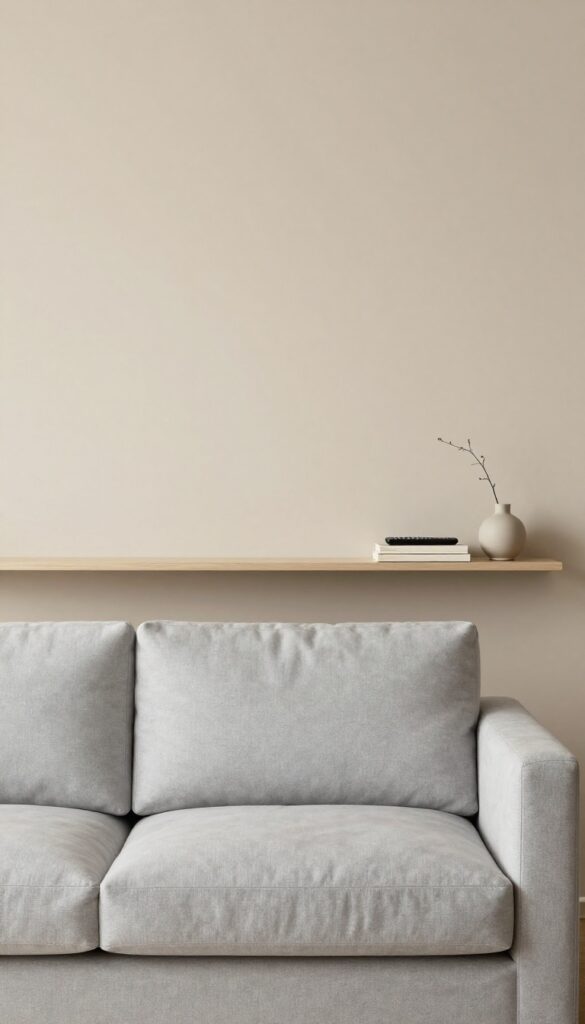 Sofa with backrest shelf holding a book, vase, and remote control in a bright living room