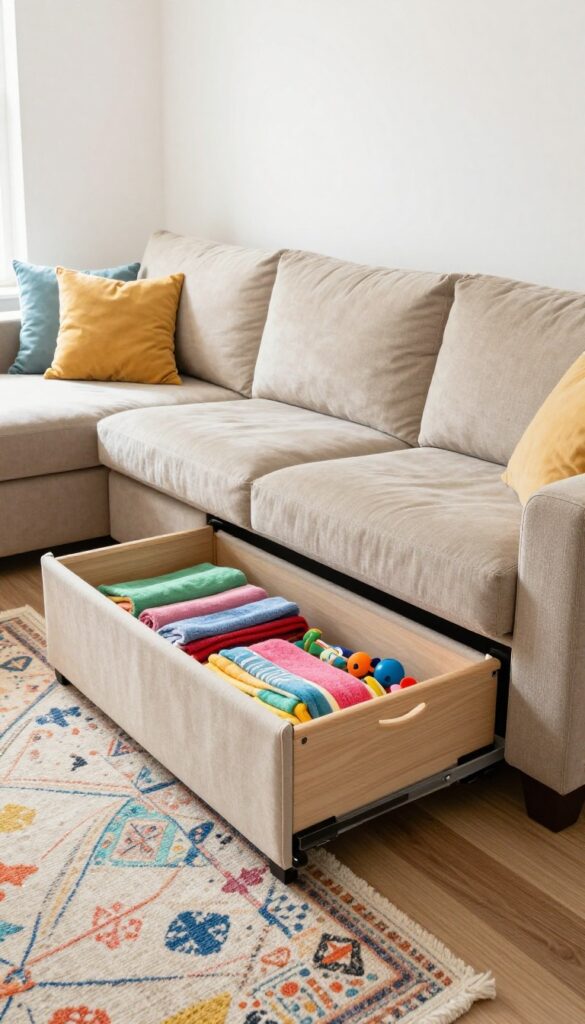Modular sofa with under-seat storage bins in a bright living room, showing bins with blankets and toys