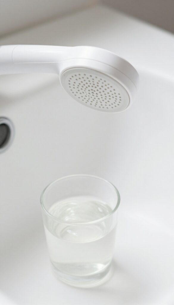 Shower head and mesh filter on white surface with vinegar for cleaning