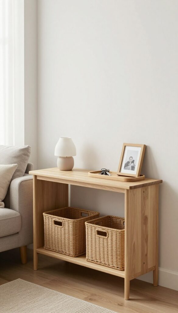 Slim console table in a small living room with baskets underneath and a lamp on top