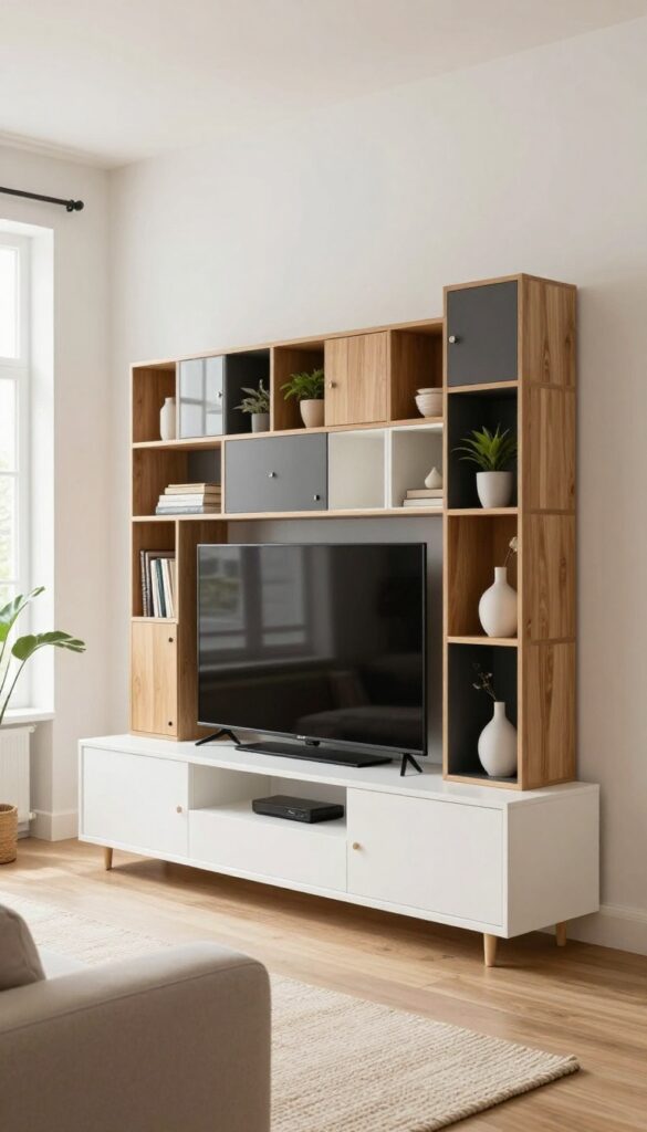 Custom TV wall unit made from IKEA Eket cubes in white, wood, and dark gray, with open and closed storage, in a bright modern living room.