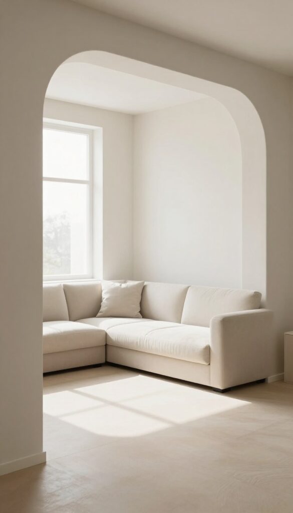 Modern living room archway with trim molding, seamless wall color, bright natural light, minimalist decor.