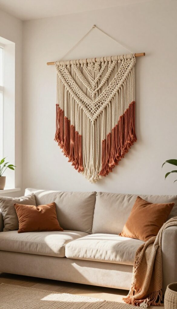 A macrame wall hanging made of natural cotton rope with dip-dyed terracotta and ochre fringe hangs above a cozy sofa in a bohemian living room filled with warm earthy tones, layered textiles, and plants.