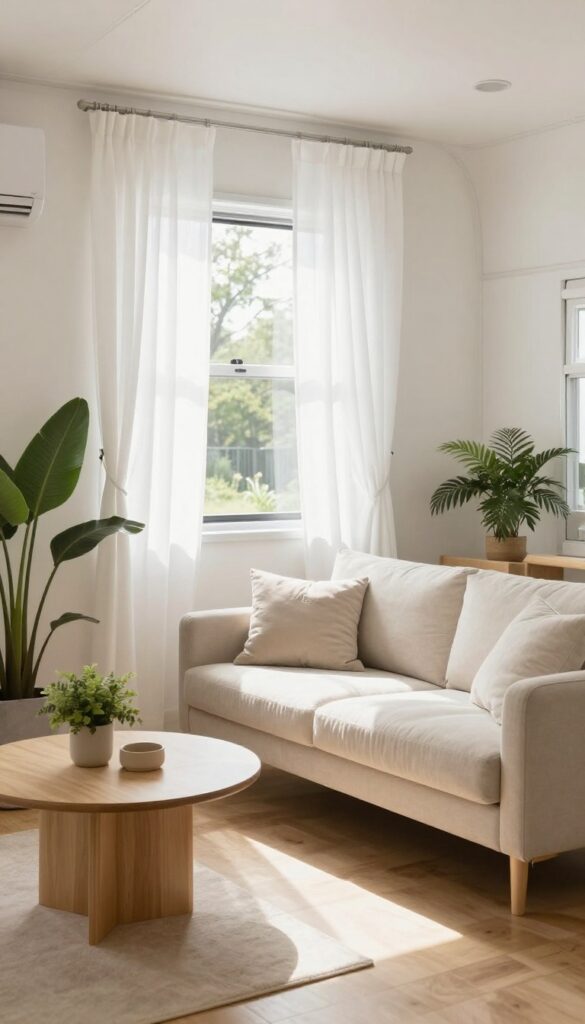 Living room with high and wide curtains making the space feel larger