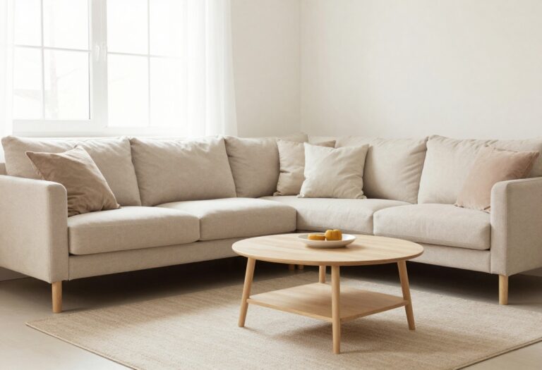 Small living room with a light sofa, coffee table, and rug in natural light