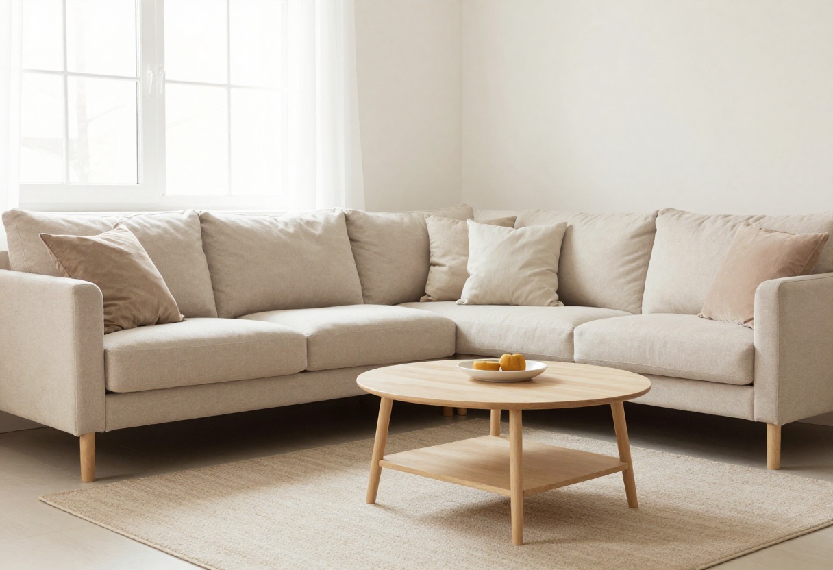 Small living room with a light sofa, coffee table, and rug in natural light