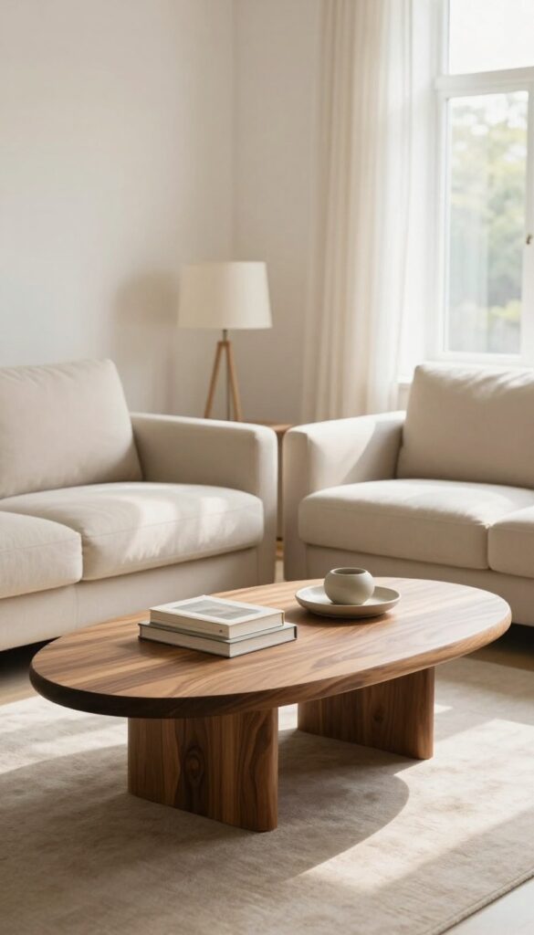 Beige sofa living room with a statement oval walnut coffee table, minimal decor, natural light.