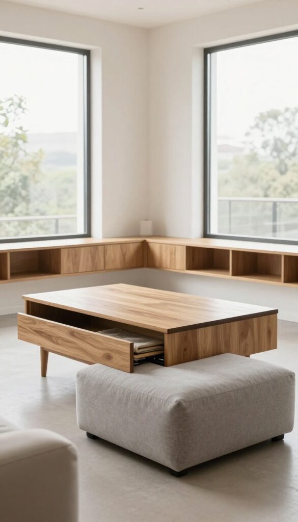 Modern living room with hidden storage in coffee table, ottoman, and built-in shelving
