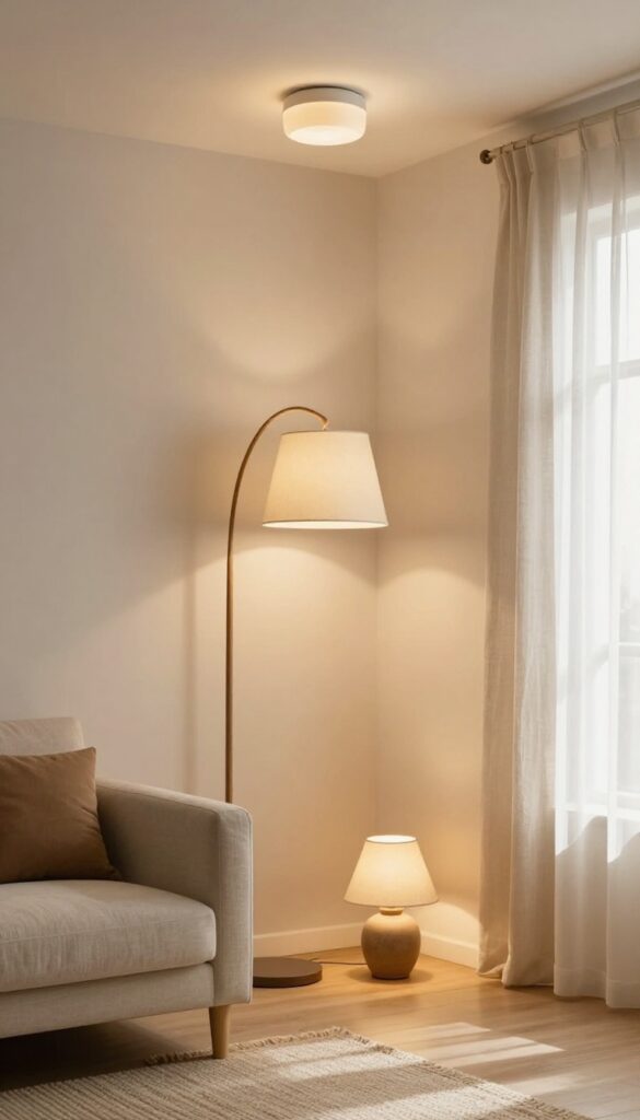 Small living room with layered lighting at different heights, including a floor lamp, table lamp, and ceiling light, creating a warm and airy atmosphere.