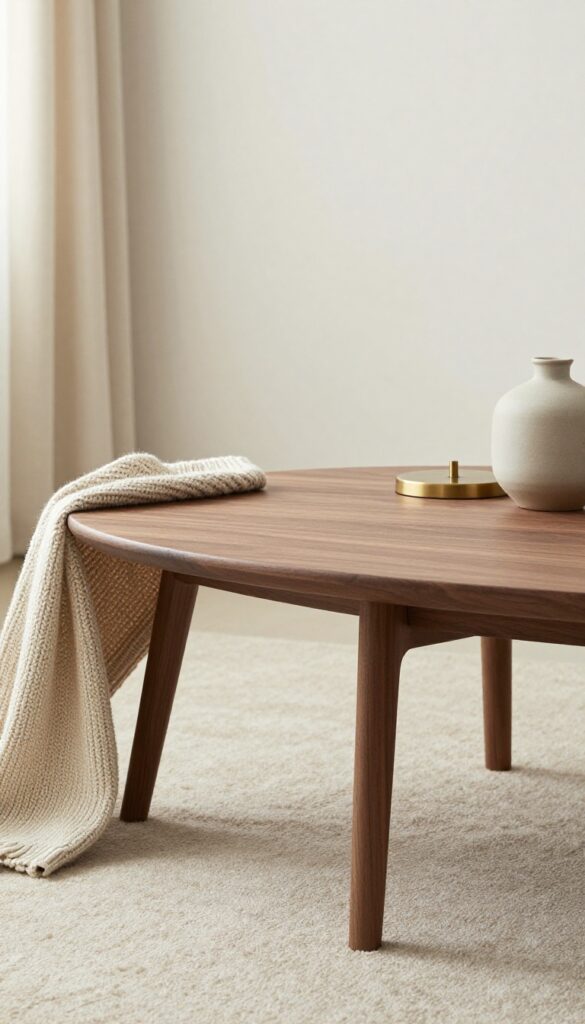 Moody living room with dark wood coffee table, brass accent, and soft textiles