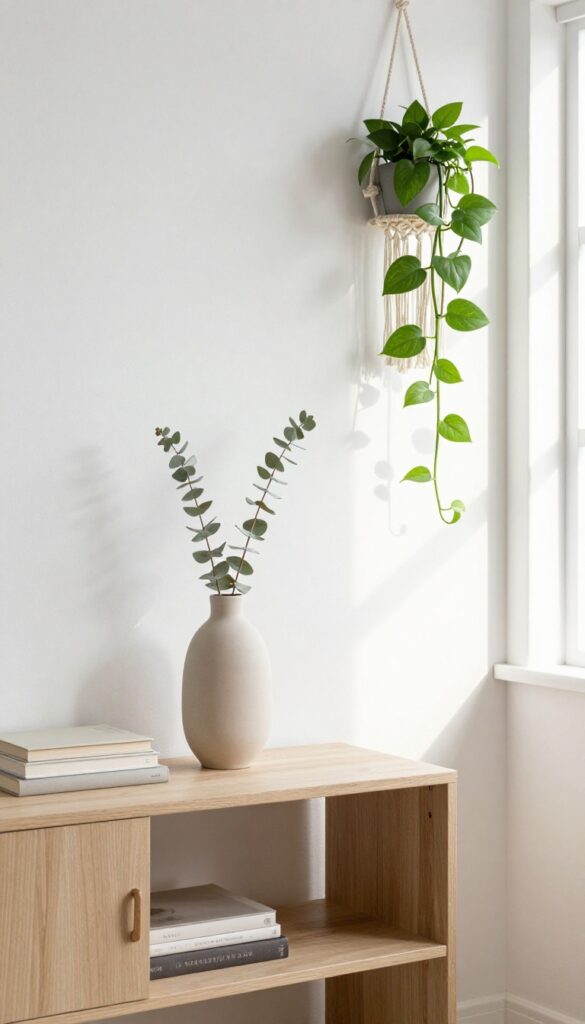 A minimal living and dining room vignette with a few curated decor items on a console table, emphasizing negative space and natural light.
